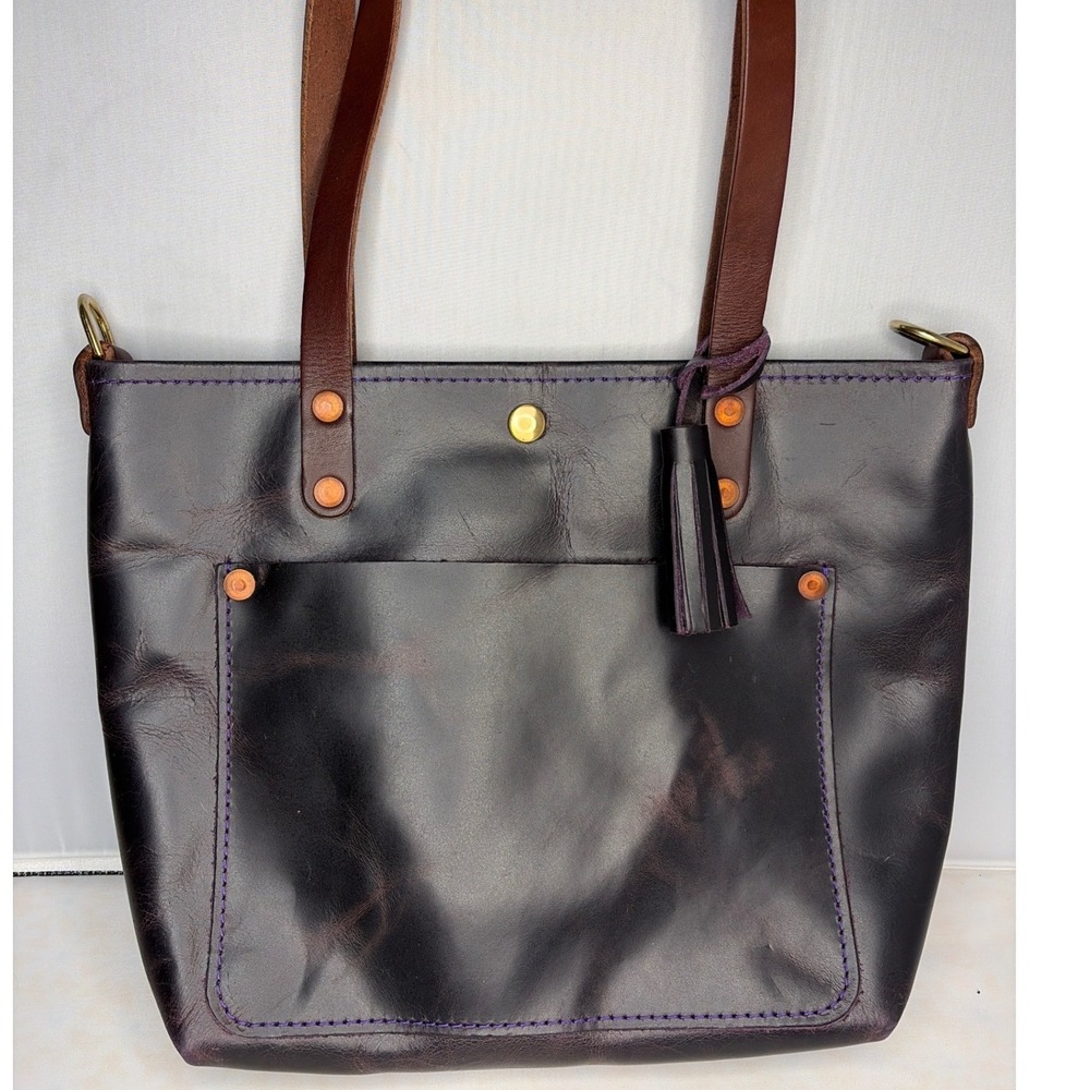 KMM & Co Dark Plum Leather Mini Travel Tote Bag with Tassel
 Handcrafted